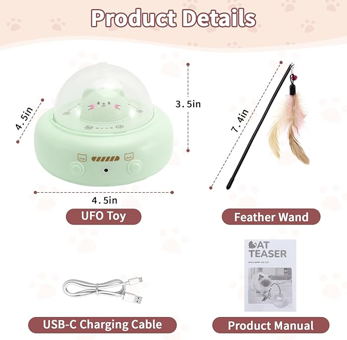 Automatic Cat Toys with Feathers, Interactive Cat Toy for Indoor Exercise, Rechargeable Teasing Toys for Indoor Cats, USB Powered, Smart Standby&Obstacle Avoidance(Green)-Mewly Pet