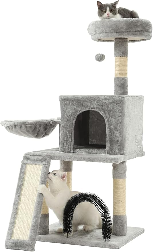 HOOPET 44IN Cat Tree for Indoor Cats - Multi-Level Cat Tower with Hammock, Condo, Scratching Posts, Self-Grooming Brush & Play Ball - Space-Saving Cat Furniture for Small Apartments-Mewly Pet