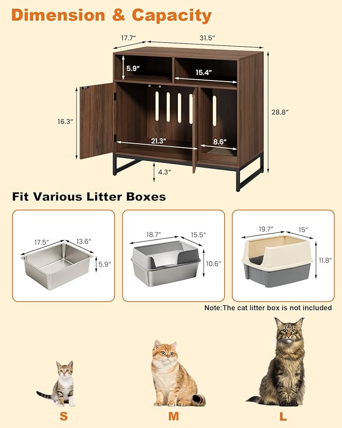 Cat Litter Box Enclosure, Large Hidden Pet Storage Cabinet Furniture with Waveform Fluted Doors & Scratching Pad, Modern Wooden Cat House Indoor for Washroom, Living Room, Bedroom, Rustic Brown-Mewly Pet