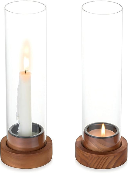NUPTIO Dripless Taper Candle Holders with Wax Catchers: Set of 2 Hurricane Glass Candlestick Holders with Metal Bobeches for Easier Reuse - Brown Wood Modern Table Centerpiece for Outdoor Dinner