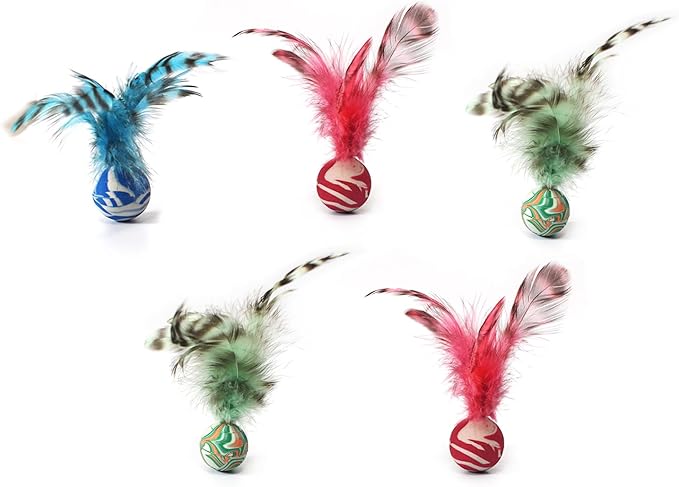 Cat Toy Balls, 5 PCS Colorful Feather Bouncy Balls for Cats No Noise Interactive Kitten Toys Cat Exercise Ball, Safe for Your Kitty (C)-Mewly Pet
