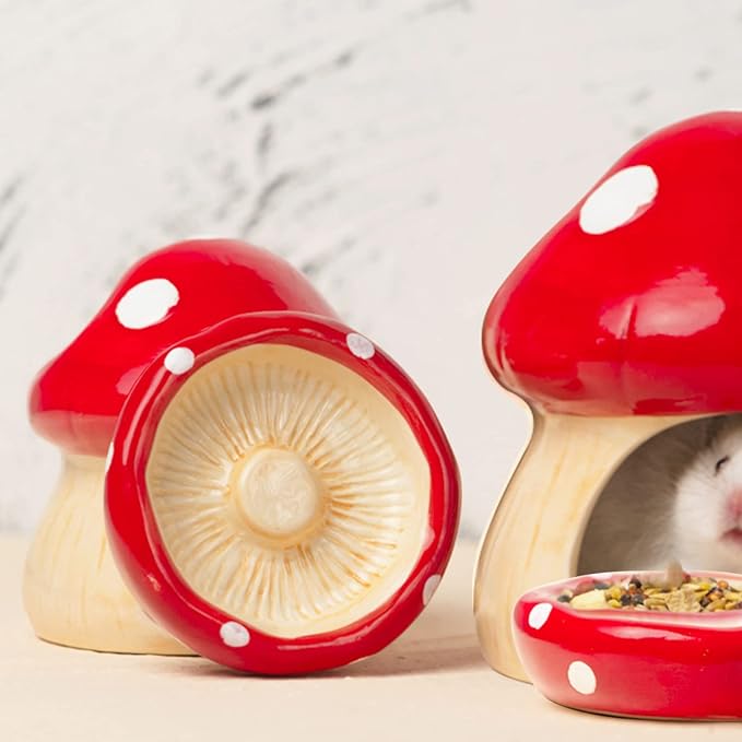 Ceramic Mushroom Guinea Pig House Hamster Hide Bed Includes Hamsters Food Bowl Guinea Pig Hideout for Hamster Chinchilla Hedgehog Rat Small Animals(Red Mushroom Set)-Mewly Pet
