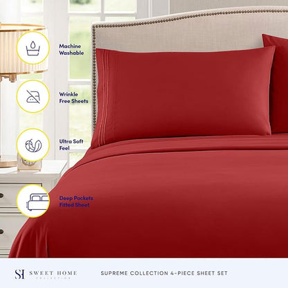 Twin XL Sheets - Breathable Luxury Sheets with Full Elastic & Secure Corner Straps Built In - 1800 Supreme Collection Extra Soft Deep Pocket Bedding Set, Sheet Set, Twin XL, Red