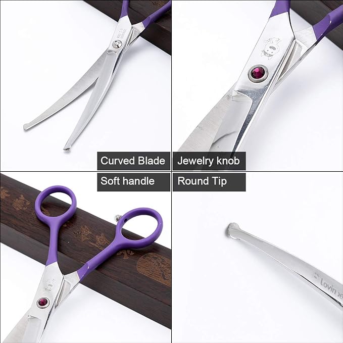 LovinPet Pet Grooming Scissors 7" Curved Right/Left-Handed Pet Round-Tip Grooming 6CR Stainless Steel Safety trimming shears for Dogs and Cats (Easy use Curved Scissor)-Mewly Pet
