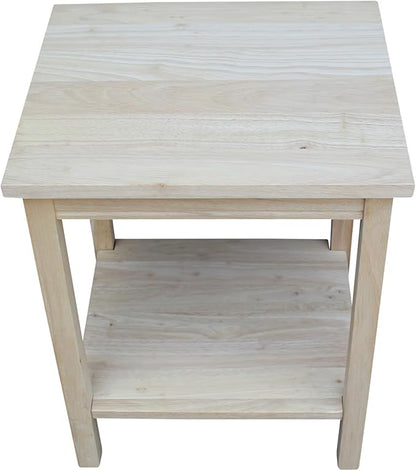 Portman Accent Table Solid Parawood Unfinished Wood 16"W x 14"D x 20"H with Shelf, Small Living Room Furniture for Painting or Staining, Traditional End Table for Bedroom or Entryway
