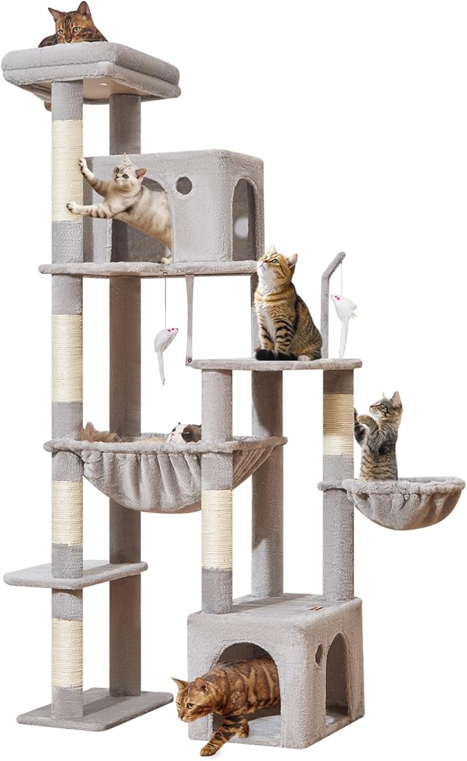 Taoqimiao 71 Inches Cat Tree for Indoor Cats Large Adult, Multi-Level Tall Cat Tower, 2 Cat Condo with 6 Scratching Posts, Super Large Hammcock, Cat Toys, Cozy Basket, Light Gray, MS037W-Mewly Pet