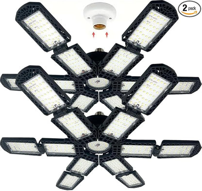 2 Packs LED Garage Light,Super Bright Screw in E26/E27 Ceiling Shop Work Lamp, 280W 30000 Lumen Deformable Basement Bulb Fixture with 12+1 Adjustable Panels, Lighting for Workshop, Attic
