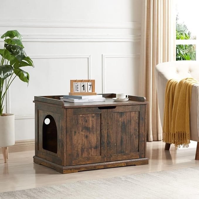 unipaws Cat Litter Box Enclosure Furniture, Dog Proof Hidden Litter Box Cover, Cabinet for Large Cat,Hideaway Kitty House, Rustic-Mewly Pet