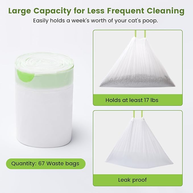 67 Count Waste Drawer Bags for Robot 3 4 and Compatible with Most Self Cleaning Litter Box & ScoopFree Clumping Poop Bin, 9 Gal Kitty Drawstring Liners Leak-proof Disposable Pet Trash Replacement Bags-Mewly Pet
