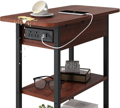 LIDYUK End Table with Charging Station, Flip Top Narrow Side Table for Small Spaces, Nightstands Set of 2 for Bedroom, End Tables Living Room Set of 2 with Storage Shelf, Cherry