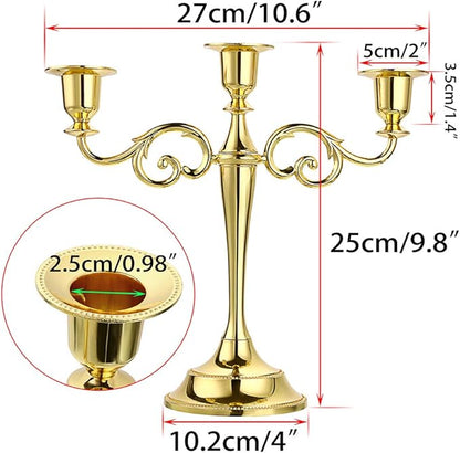 OwnMy 3 Arms Metal Candelabra Candlestick Silver European Elegant Candle Holder Candle Stand for Wedding Dining Table Christmas Party Home Decoration (Golden Tone)