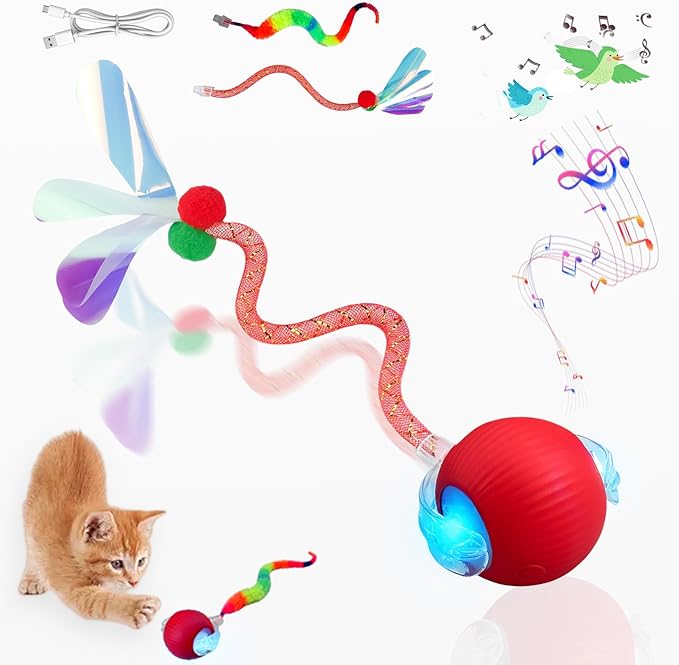 New Upgraded Cat Ball Toy - Speedy Tail 2.0 Cat Toy, Interactive Cat Toy Ball, Stimulating Toys and Juguetes para Gatos, Cat Toys for Bored Indoor (Red)-Mewly Pet