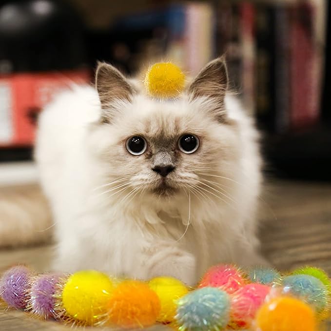 30 Pieces 1.6 inches Sparkle Pom Pom Balls for Cat - Interactive Glitter Balls, Multicolor, Best as Kitten Play Toys-Mewly Pet