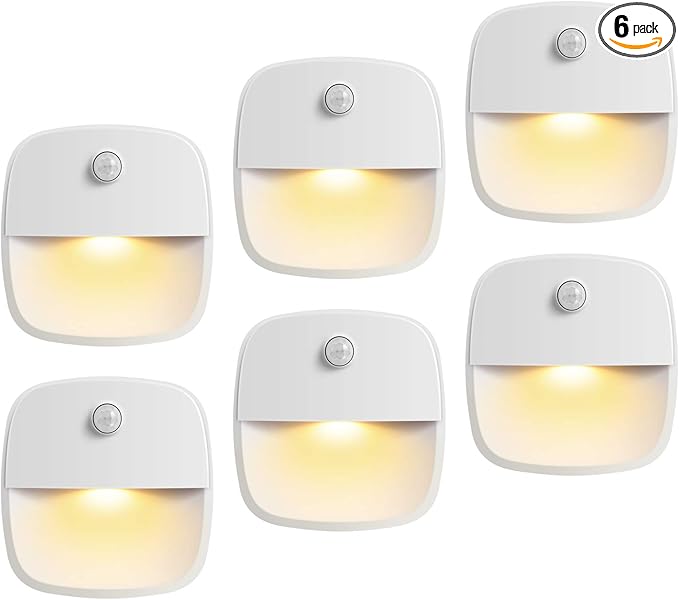 AMIR Upgraded Indoor Motion Sensor Light with PIR Technology - Battery-Powered Wall & Cabinet LED Night Light for Hallway, Bathroom, Kitchen, Stairs (Warm White, 6-Pack)