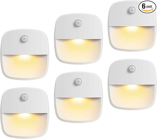 AMIR Upgraded Indoor Motion Sensor Light with PIR Technology - Battery-Powered Wall & Cabinet LED Night Light for Hallway, Bathroom, Kitchen, Stairs (Warm White, 6-Pack)