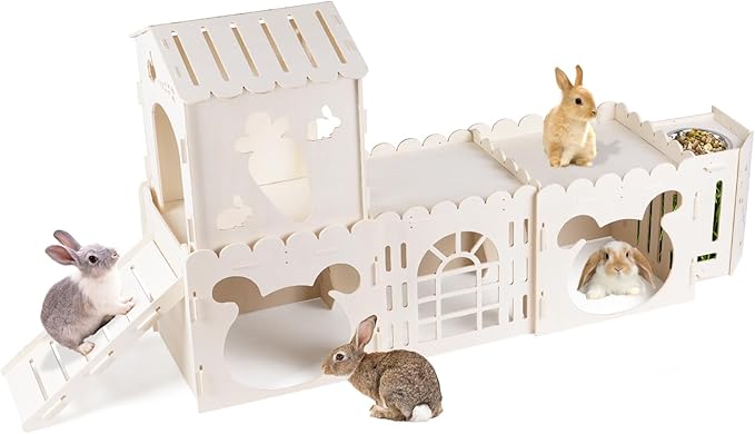 Extra Large Rabbit House, Wooden Bunny House Hideout with 4 Houses and Hay Feeder Indoor, Rabbit Guinea Pig Hideout Multistory Climbing Tower Sturdy Wooden Castle, Small Animal Hideaway Tunnel-Mewly Pet