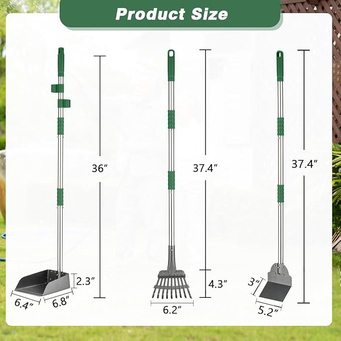Pooper Scooper, Long Handle Dog Pooper Scooper, Heavy Duty Stainless Steel Rake with Tray & Spade Set for Pet Waste Removal, for Grass, Dirt or Gravel - Green-Mewly Pet