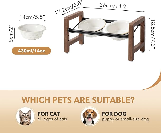 5.5inch Ceramic Adjustable Raised Double Bowls Set with Stand, 3 Heights Elevated, 2 Placement Options,Food and Water Dishes for Puppy, Cats（Double Bowls+Stand, Reactived Glaze -White-Mewly Pet