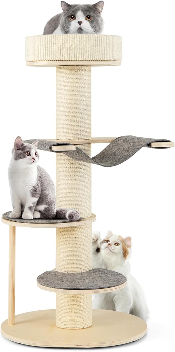 Tangkula Wood Cat Tree, 47 Inch Multi-Layer Cat Tower with 5.7” Thicker Sisal Covered Scratching Posts & Carpet, Padded Top Perch, 2 Jumping Platforms, Hammock, Modern Cat Tree Tower for Indoor Cats-Mewly Pet