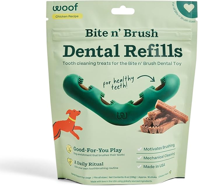 WOOF - Bite n' Brush Refills for The Dog Toothbrush Toy - Scrub Plaque and Tartar from Your Dog's Teeth and Mouth - Dog Dental Chew Toy Treats - Approximately 16 Refills-Mewly Pet