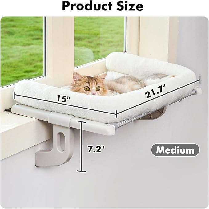 Cat Window Sill Perch with Large Bolster, Easy to Adjust & Assemble Cat Window Seat for Windowsill & Bedside, Pet Hammock Bed for Large Cats and Kittens (White, M)-Mewly Pet