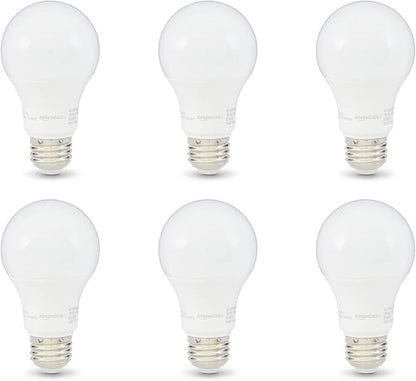 Amazon Basics A19 LED Light Bulbs, 60 Watt Equivalent, Energy Efficient 9W, E26 Standard Base, Soft White 2700K, Dimmable, 10,000 Hour Lifetime , 6-Pack