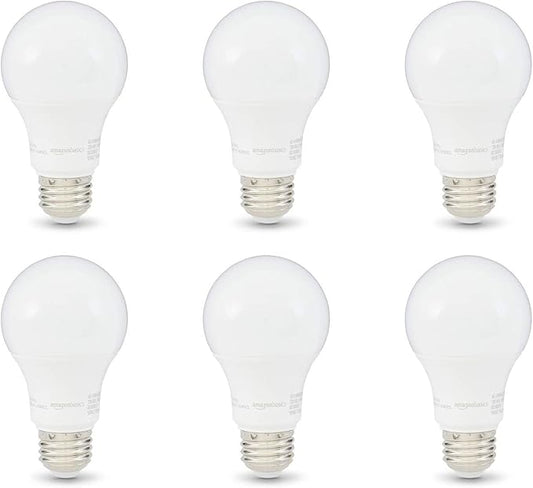 Amazon Basics A19 LED Light Bulbs, 60 Watt Equivalent, Energy Efficient 9W, E26 Standard Base, Soft White 2700K, Dimmable, 10,000 Hour Lifetime , 6-Pack