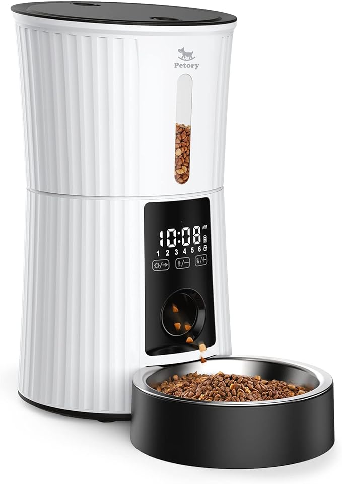 Petory Automatic Cat Feeders - 4L Timed Cat Feeders for Dry Food Built-in Battery up to 6 Meals with Desiccant Bag Support Dual Power 10S Recorder-Mewly Pet