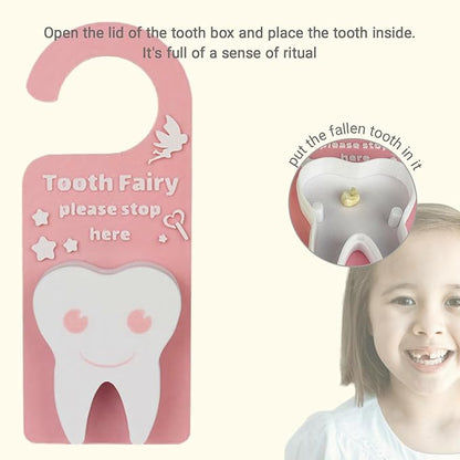 Tooth Fairy Tooth Holder Box Tooth Fairy Door Hanger with Money Box Keepsake Tooth Fairy Box Encourage Gifts for Lost Teeth Boy Girl Milk Teeth (Pink)