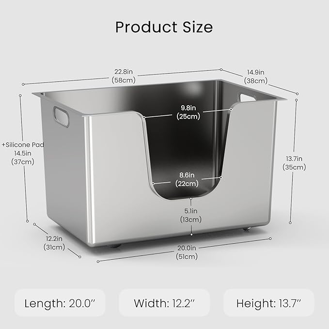 Enclosed Stainless Steel Cat Litter Box 13.8” High Sides, Extra Large Litter Box for Big Cats, XL Metal Kitty Litter Pan Pet Toilet with Wheels for Easy Mobility, Anti-Leakage, Non-Sticky, Easy Clean-Mewly Pet