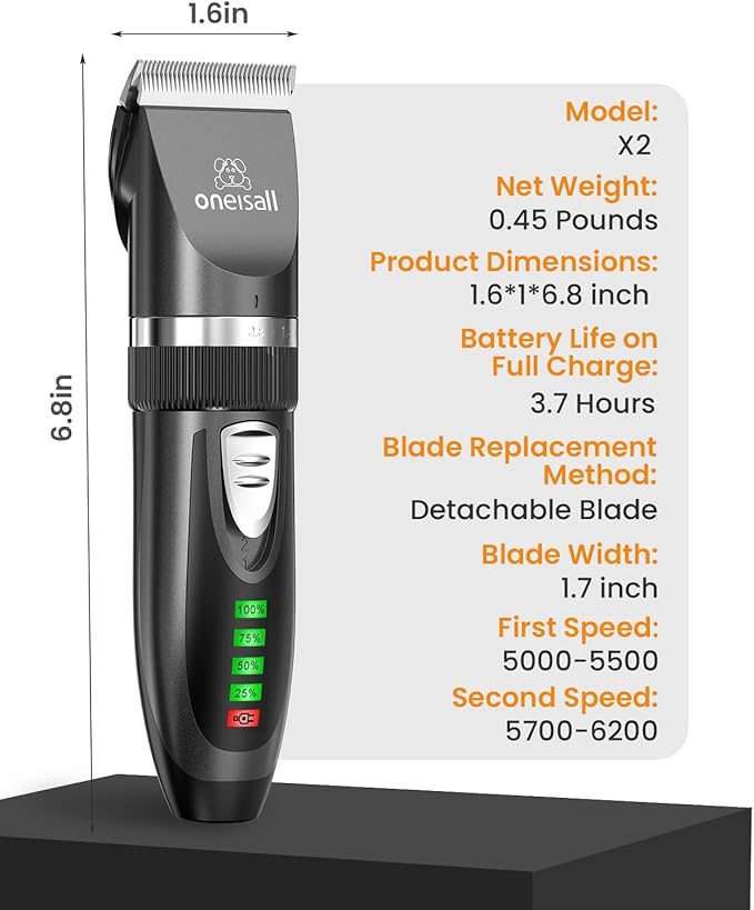 oneisall Quiet Cat Clippers for Matted & Long Hair, 2-Speed Cordless Pet Shaver Grooming Kit for Cats, Small Dogs & Animals (Black)-Mewly Pet