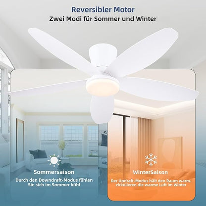 42" Ceiling Fans with Lights-Low Profile Ceiling Fan with Light and Remote/APP Control,Flush Mount,DC Reversible,LED Dimmable Modern Ceiling Fans for Bedroom,Indoor/Outdoor Patio Use(White)