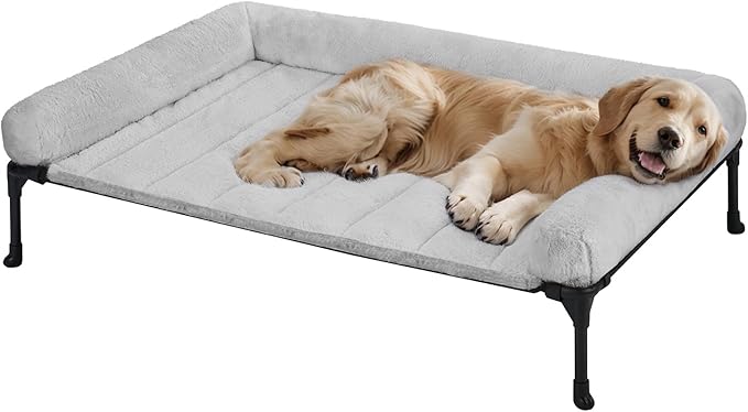 Veehoo Cooling Elevated Dog Bed with Fluffy Plush Bolster Cushion, Indoor Raised Dog Beds for Large Dogs, Soft Pet Sofa Cot with Removable Washable Mat, No-Slip Feet, 42 x 30 inches, Grey-Mewly Pet
