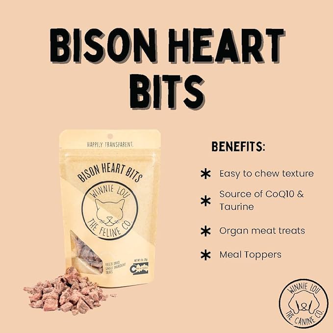 Grass-Fed Bison Heart Bits Cat Treats (Pack of 3) - Single Ingredient, High Protein Cat Food Snacks, Grain Free & Made in USA, with Taurine, Iron & Zinc for Healthy Cats-Mewly Pet