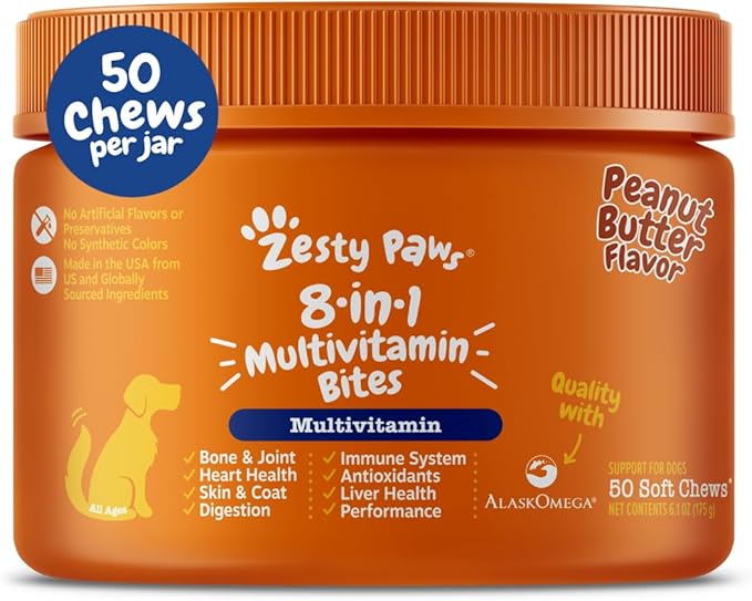 Zesty Paws Dog Multivitamin, Chewable Dog Vitamins and Supplements for Hip & Joints, Skin & Coat, Omega 3 Fish Oil for Dogs- Senior & Puppy Multivitamin- Peanut Butter- 50ct-Mewly Pet