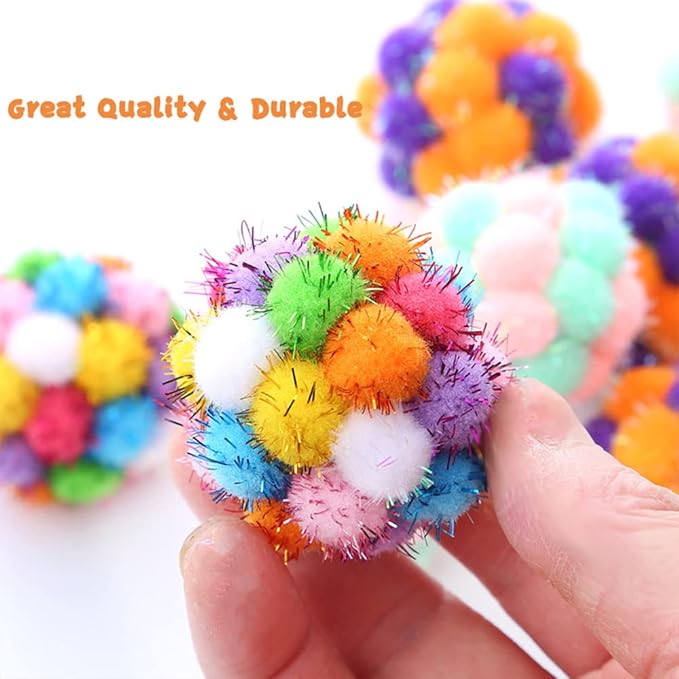 TUSATIY Cat Toys Ball with Bells 3PCS, Color Cat Pom Pom Balls,Tinsel Sparkle Balls,Interactive Toy for Indoor Cats Kitten-Mewly Pet