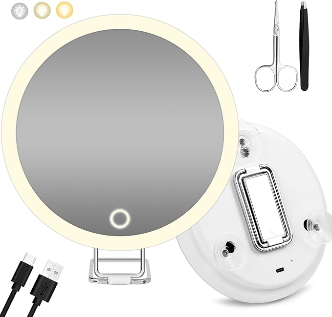 Lighted 10X Magnifying Mirror, 3 Color Modes Dimming Light, 6inch Large Rechargeable Magnified Mirror with 3 Suction Cups & 360° Stand, High Magnification Makeup Mirror with Tweezers & Scissors