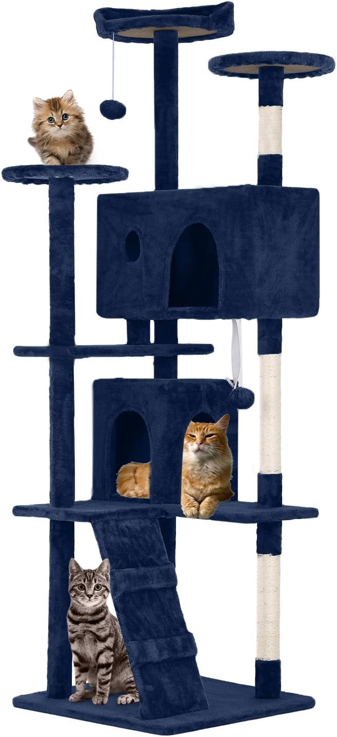 FDW Cat Tree 70in Cat Tower Multi-Level Durable Cat Scratching Post & Cozy Fun Cat Jumping Platform Space Saving Cat Condo Pet Play House for Indoor Cats,Navy Blue-Mewly Pet
