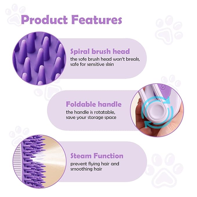 Cat Steam Brush, Rechargeable Pet Steam Grooming Brush with Collapsible Handle, Cat Brushes for Indoor Cats, Cat Water Brush, Detangling and Removing Loose Hair, includes Charging Cable-Mewly Pet