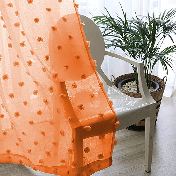 MYSKY HOME Pom Pom Orange Sheer Curtains for Living Room Bedroom Light Filtering Semi-Sheer Curtains for Nursery Girls Kids Room Boho Rod Pocket Voile Draperies Orange 52 x 108 inch 2 Panels