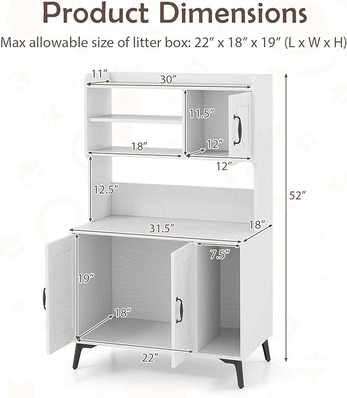 PETSITE Cat Litter Box Enclosure with Storage Shelf, 52 Inches Tall Modern Wooden Hidden Litter Box Furniture with Storage Shelving, Ideal for Indoor Cats (White)-Mewly Pet