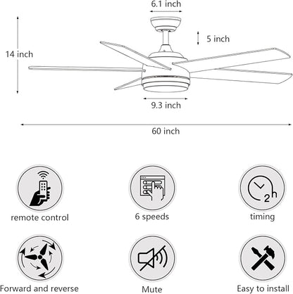 YUHAO 60 Inch White Ceiling Fan with Light and Remote Control.Noiseless,Dimmable,3CCT,6 Speeds Reversible, DC Ceiling Fans for Indoor or Covered Outdoor