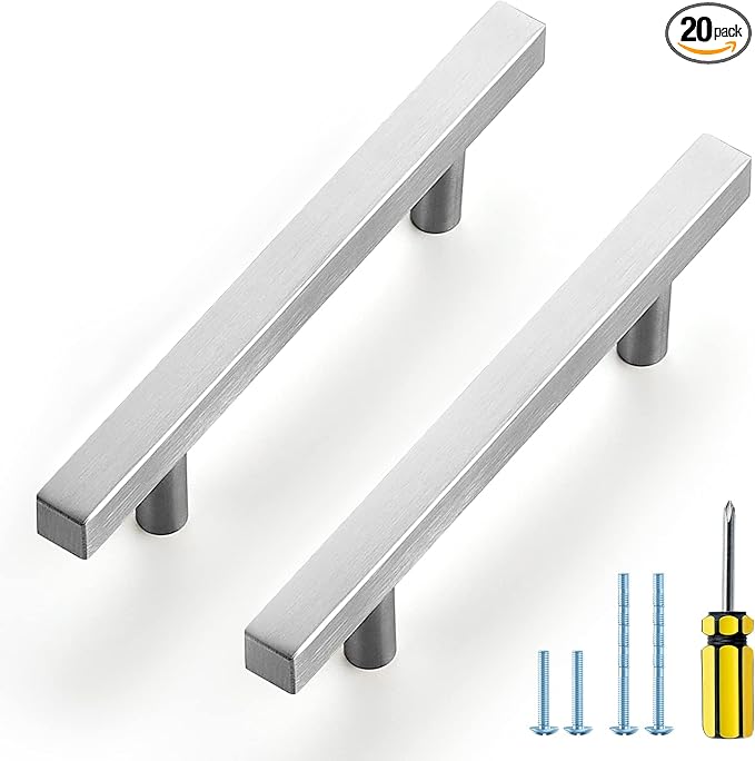 Ravinte Brushed Nickel Cabinet Handles 20 Pack 3-1/2 inchSatin Nickel Square Cabinet Pulls Silver Hardware for Kitchen Cabinets 6 inch Overall Length Stainless Steel Drawer Pulls