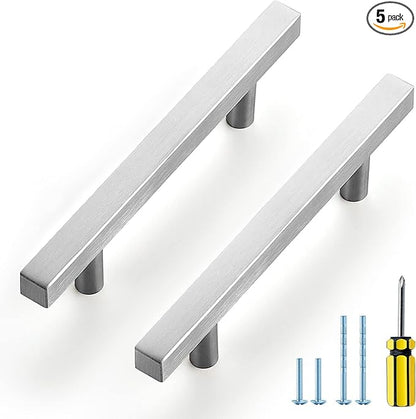 Ravinte Brushed Nickel Cabinet Handles 5 Pack 3-1/2 inchSatin Nickel Square Cabinet Pulls Silver Hardware for Kitchen Cabinets 6 inch Overall Length Stainless Steel Drawer Pulls