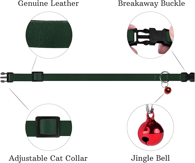 Breakaway Cat Collar Leather with Removable Bell - 13 Colors Available - Soft Adjustable Girl Boy Safety Lightweight Pet Kitten Collars Pink Brown Blue Green Red Orange Black (Emerald)-Mewly Pet