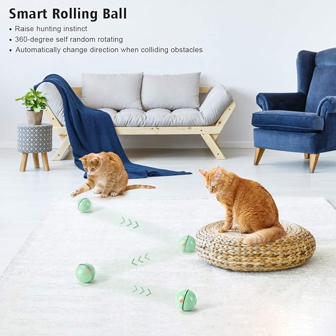 WWVVPET Interactive Cat Toy With LED Light, 360 Degree Self Auto Rotating Smart Ball, USB Rechargeable Spinning Toy, Stimulate Hunting Instinct for Kittens, Funny Chaser Roller Pet Toy-Mewly Pet