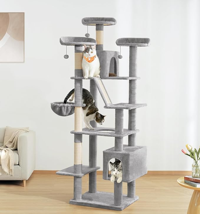 Made4Pets Tall Cat Tree, 80" Cat Tree Tower for Indoor Cats Large Adult, Modern Cat Tower with Scratching Post, Cozy Hammock, 3 Perches and 2 Condos, Sturdy and Fluffy, Light Gray-Mewly Pet