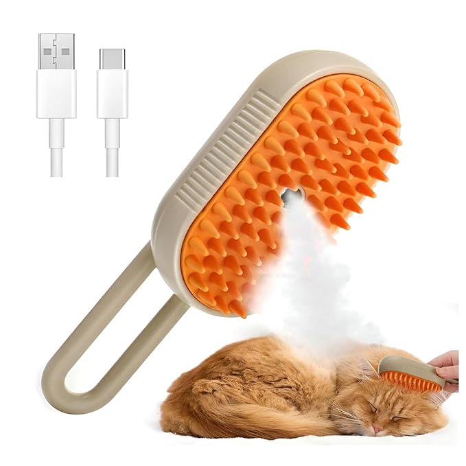 4-in-1 Cat Steam Brush for shedding–Self-Cleaning Comb for Long and Short Hair Cats and Dogs, Steam Pet Brush for Hair Removal, Vibrating Message, Grooming & Relaxation (Khaki)-Mewly Pet