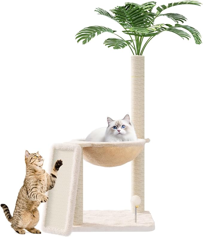 Small Cat Tree, Green Cat Tree with Scratching Post, Hammock Toy Ball and Palm Leaves for Kittens, Cat Tower for Indoor-Mewly Pet