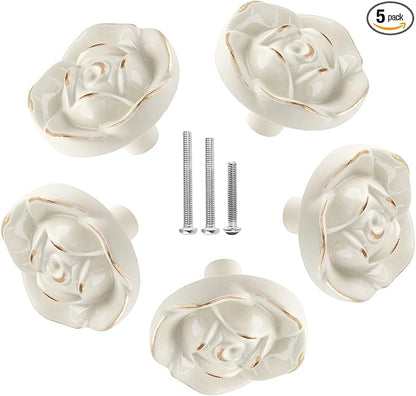 Uenhoy 5 Pcs Rose Drawer Knobs Vintage Dresser Knobs Antique Rose Flower Cabinet Knobs for Dresser Vanity Nightstand Closet with Screws (Ivory White with Golden Edge)